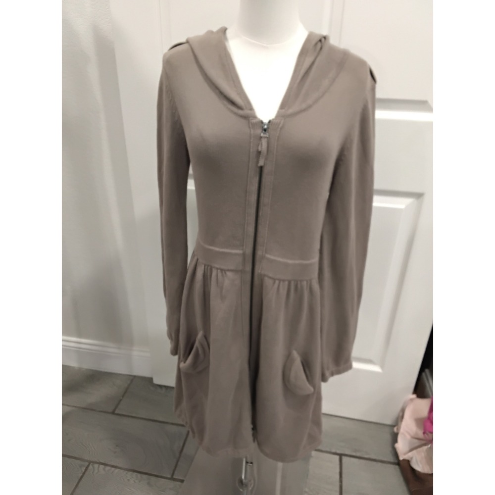 Shae Women Taupe Brown 100% Cotton Full Zip Hooded Longline Cardigan Sweater M